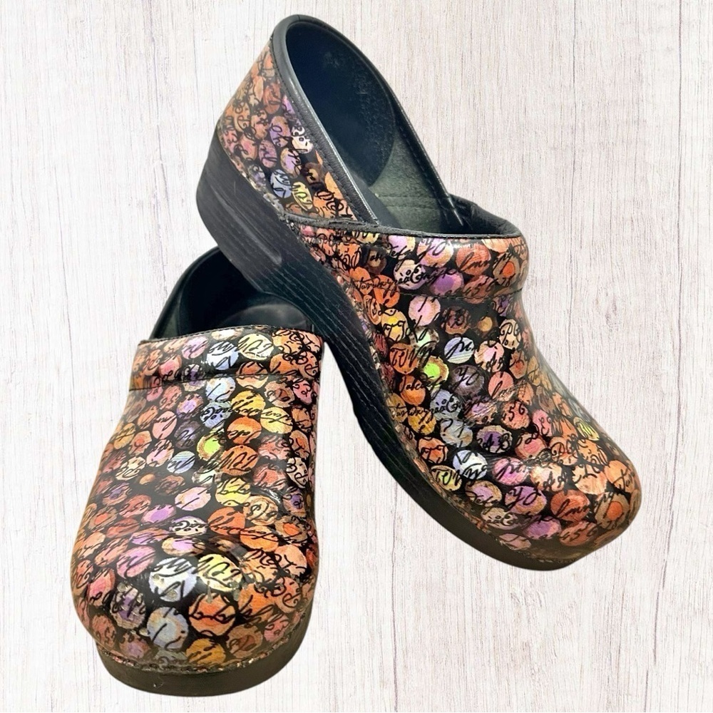 Dansko- Multi Color Dot w/ Script Printed Stapled Leather Classic Clog- Size 39